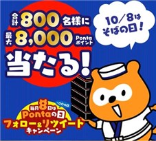 10/8〆】フォロー＆RTで合計800名に『Pontaポイント 8～8000ポイント